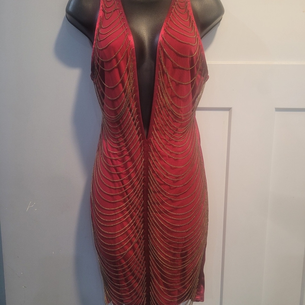 Elegant Red and Gold Chain Dress